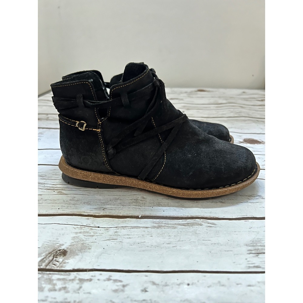 Born Ankle Boots Black Leather Wrap Strap Flat Booties BR0013609 Size 8/39